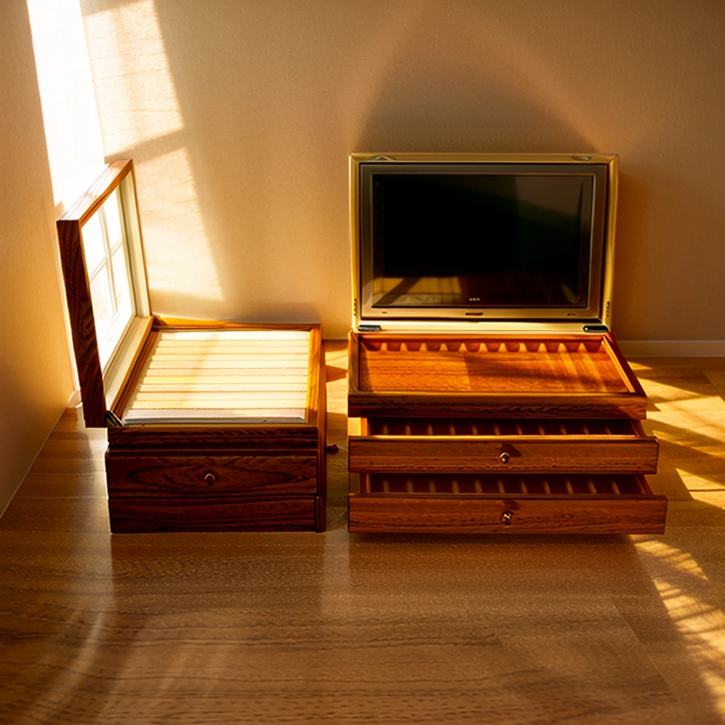In this cozy room,A ray of sunlight shone on the table through the half-drawn curtains,Let the wood grain on the watch storage case shine with a faint sheen。There is a calm and serene atmosphere in the surrounding air。Several still lifes hang on the walls of the room,It adds a touch of elegance to the space。And on the other side of the room,A half-open window lets the breeze blow in,The pages on the small desk by the window flipped in the wind,This quiet scene gives a sense of tranquility and comfort。