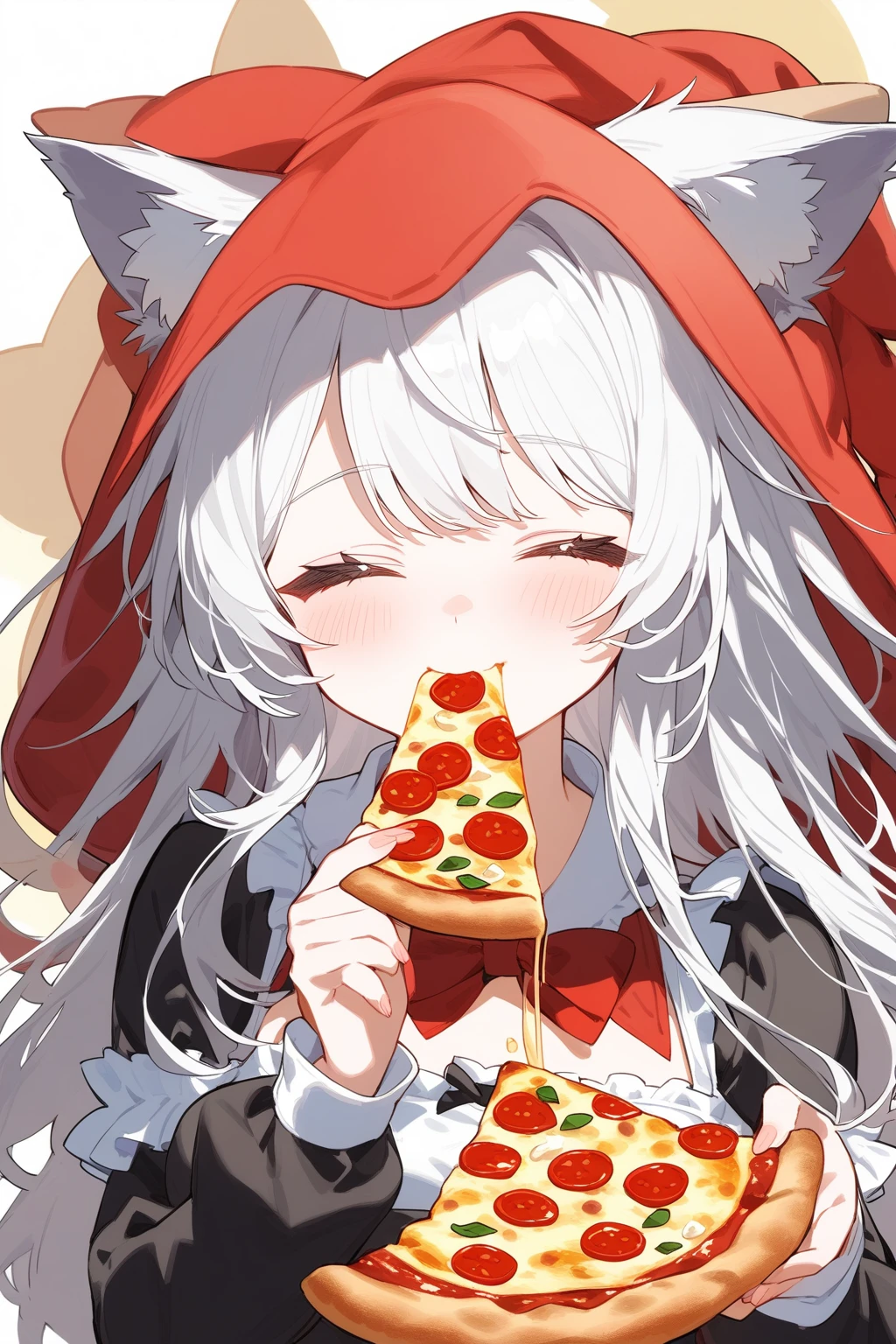 A girl alone，Holding a slice of pizza，Close your eyes and enjoy your food。She has long hair and long sleeves.，There are bangs on the forehead，Eating pizza facing the audience，Red cheeks。Girl wearing maid costume，Fox ears and hood under white hair，Background is white。