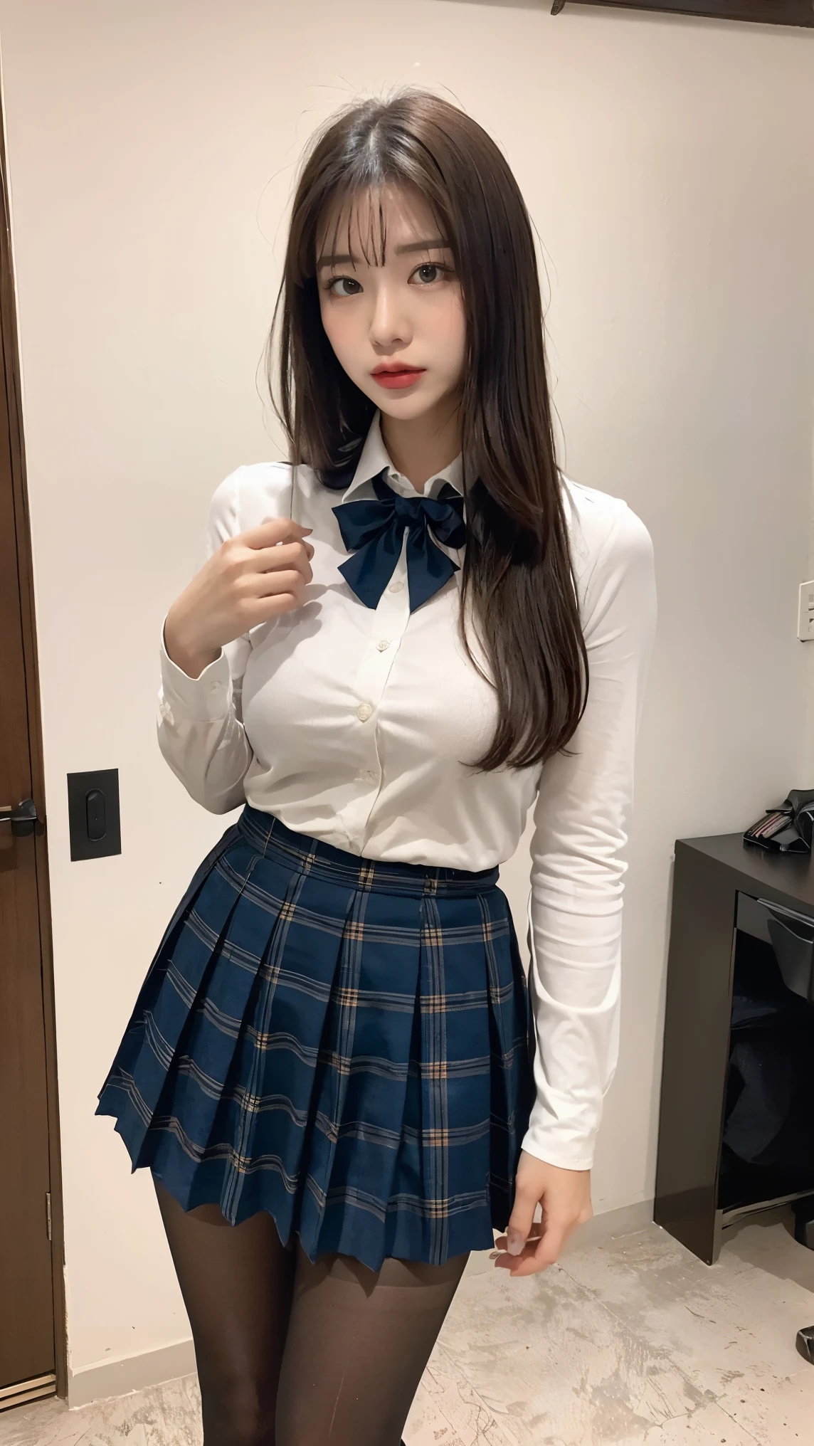 (((8k、High resolution、Highest quality、High resolution)))alone、Natural body shape、White skin、Natural Makeup、((Black Hair、bangs、Straight Long Hair))、((()))、、(:1.4)、(())、(((((Full body photo)))))、(((Looking into the camera)))、(((Wear a uniform on the upper body)))、Bedroom、(((Of high school))) 、((white collared long sleeve blouse))、((Beige cardigan))、((Pleated skirt with dark blue plaid pattern、mini skirt、Ultra-realistic pantyhose))、、、Expressionless、((Exposing thighs))