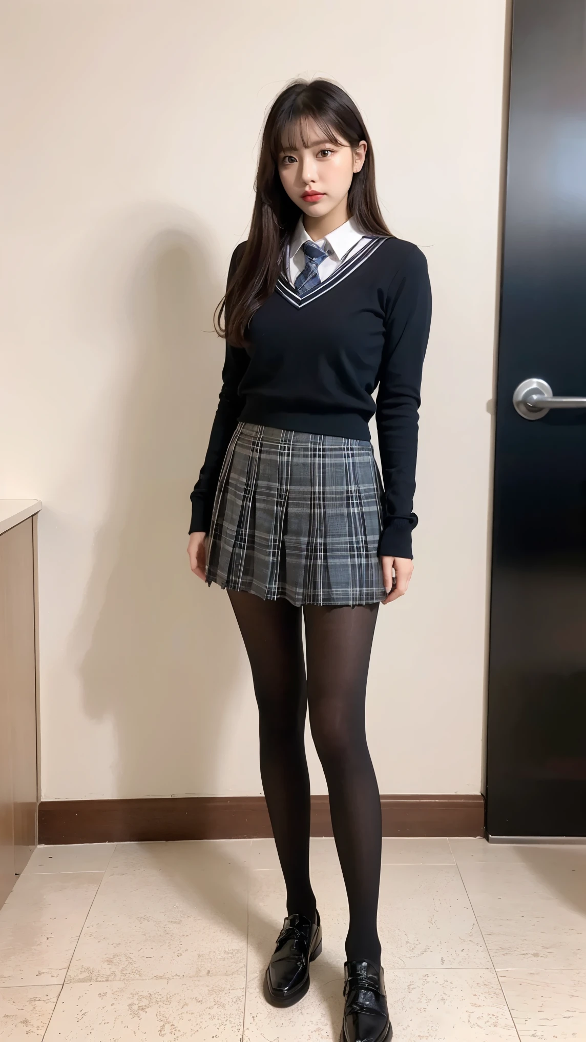 (((8k、High resolution、Highest quality、High resolution)))alone、Natural body shape、White skin、Natural Makeup、((Black Hair、bangs、Straight Long Hair))、((()))、、(:1.4)、(())、(((((Full body photo)))))、(((Looking into the camera)))、(((Wear a uniform on the upper body)))、Bedroom、(((Of high school))) 、((white collared long sleeve blouse))、((Beige cardigan))、((Pleated skirt with dark blue plaid pattern、mini skirt、Ultra-realistic pantyhose))、、、Expressionless、((Exposing thighs))