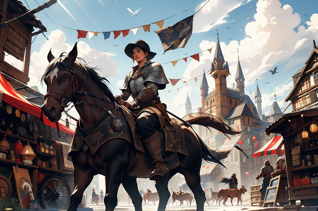 A bustling medieval market square scene with various stalls and traders selling goods, inspired by the art of Pieter Bruegel the Elder and fantasy medieval RPG games like Skyrim, featuring intricate architectural details, colorful banners, lively characters in period clothing, animals like horses and dogs, sunlight filtering through the clouds, and a sense of bustling activity and camaraderie --s 150 --ar 1:1 --c 5 --v 5.2 