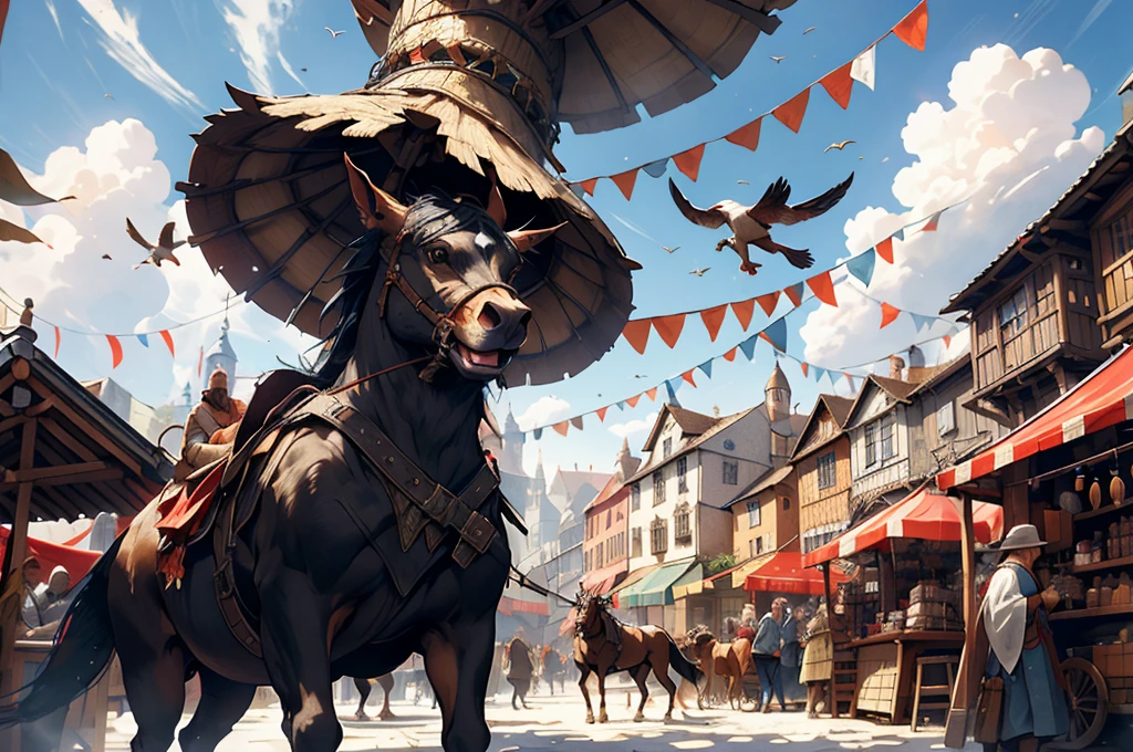 A bustling medieval market square scene with various stalls and traders selling goods, inspired by the art of Pieter Bruegel the Elder and fantasy medieval RPG games like Skyrim, featuring intricate architectural details, colorful banners, lively characters in period clothing, animals like horses and dogs, sunlight filtering through the clouds, and a sense of bustling activity and camaraderie --s 150 --ar 1:1 --c 5 --v 5.2