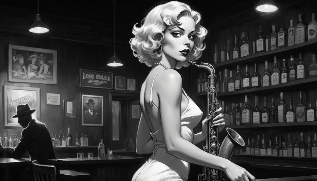 robert johnson, gritty, alabama bar, blue note, charismatic, illustration, bw, noir fantasy, lone blonde lady, saxophonist