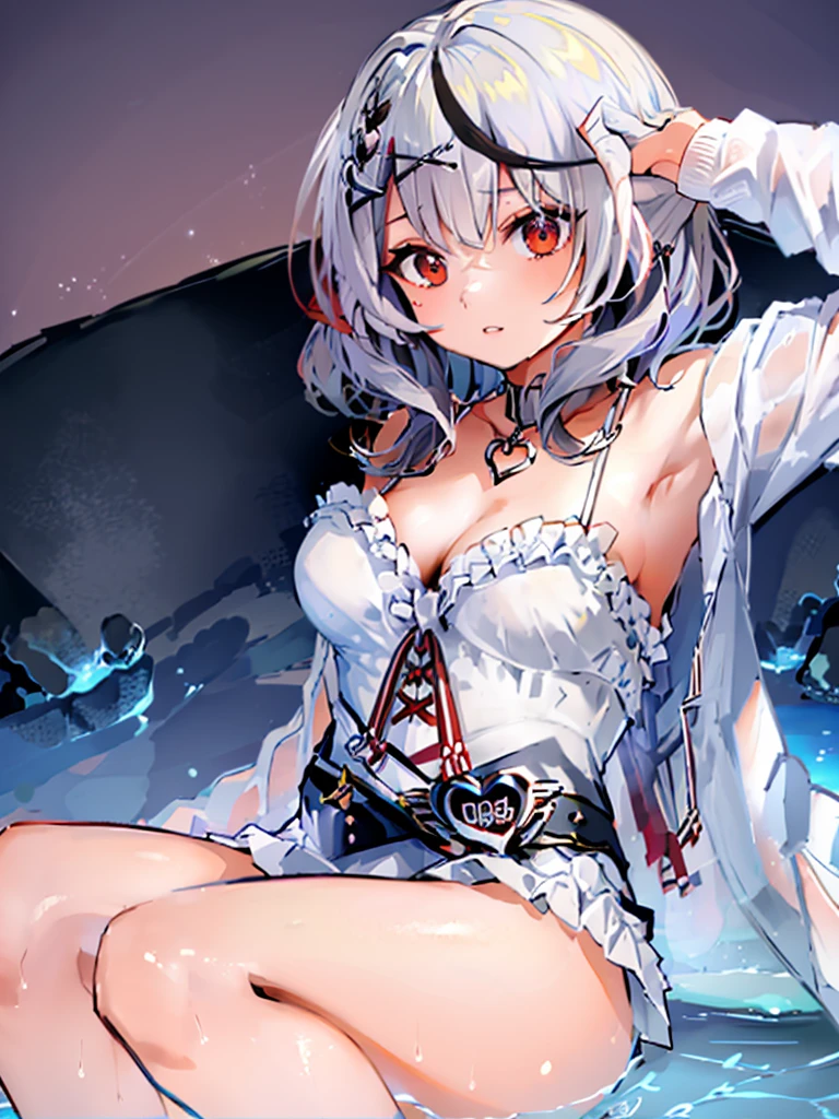 nsfw,gesture:Handjob、Your shirt is wet、Y-shirt shows through and underwear can be seen、(Unbroken body),(Perfect body structure),(arms two),(legs two),highest quality, 4K, (High resolution:1.3) masterpiece, 1.2, Super detailed, HDR, Studio Lighting, Sharp Focus, Bright colors, Portrait, Warm tones, Soft Lighting,Silver Hair、Red eyes、