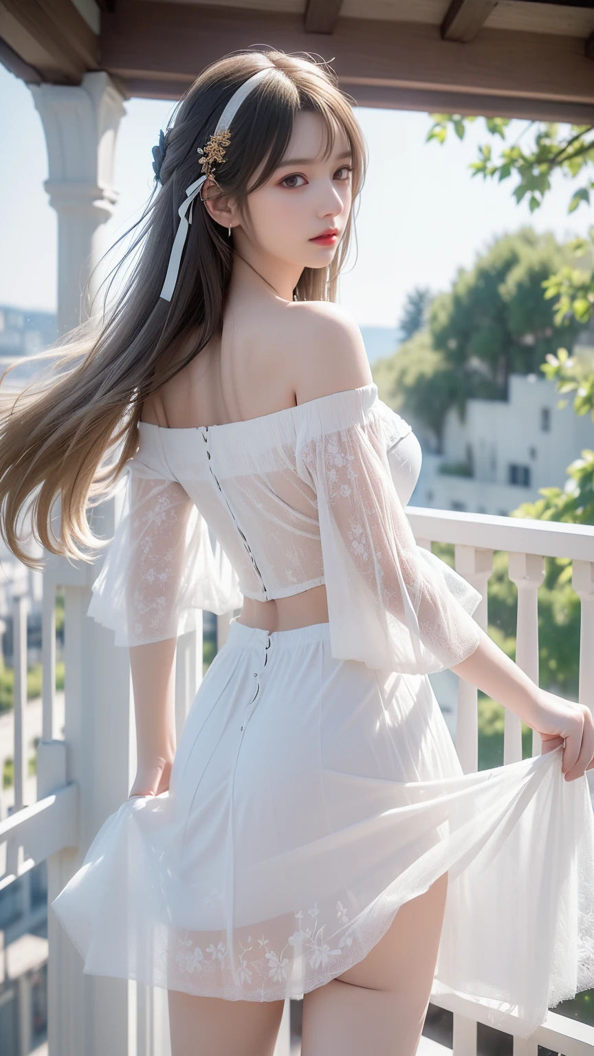 ((Woman Standing On Balcony Of Old Castle))、((Rear View)),((look back))、Highest quality works、actual work、Ultra Premium Graphics、8K HD CG Works、High quality graphics、High-definition CG works、10x pixels、Ultra-fine detail:1. 1、High technical level:1.1 PhotoGenuine、Natural light:1. 5、Light effects(Virtual Light effects:1.8)、((Straight Van、Princess Van))、((Very heavy、Volume Bang:1.1)、((very long、Very heavy、Very voluminous side locks:1. 1)、Hime cut、Straight bangs、Bangs straight、(masterpiece、Highest quality:1.5)、(ultra detailed 8k cg:1.4)、(Surreal:1.25)、(Genuine:1.1. 4)、((Golden white hair))、Thin eyebrows、High nose、Nice red lips、Rosy Cheeks、Delicate makeup face、Cute Face、Perfectly balanced face、()、Light-colored foundations enhance the clarity of your skin..。 ((An off-the-shoulder semi-transparent white floral dressy skirt fluttering in the wind))、 ((You can see her white panties)), 40k、photograph、、Highest quality、(1. Beautiful Eyes、Light Hair、White skin、Mr.. Escape.々Pause、((Mid-chest、:1.1))、Highest quality、Tabletop、Ultra-high resolution、(Genuine:1.4)、RAWphotograph、(Perfect figure)、(slim、:1.3)。 3)、slimな腹部、that&#39;s all