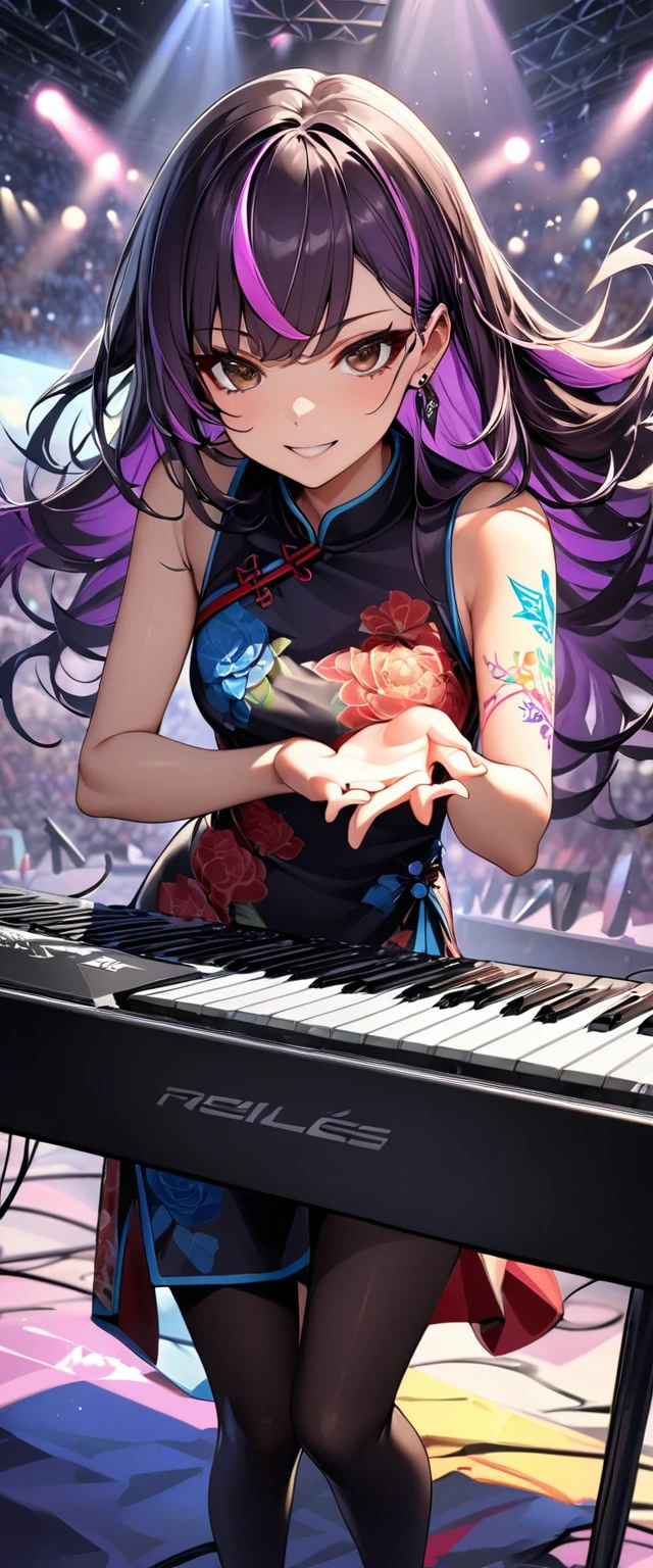 (highest quality:1.2, Very detailed, up to date, Vibrant, Ultra-high resolution, High Contrast, masterpiece:1.2, highest quality, Best aesthetics), Portraiture、girl、keyboard player、stage、performance、Rock Music、Bright colors、Beautiful fine details、Beautiful lip detail、long hair、black and purple ((streaked hair:1.6)), highlights hair: 1.5, brown eyes, slim body, (small breast:0.7), Music band、standing in keyboards booth, playing keyboards、(raise left hand high:1.5), Concert Light、Edgy Style、(colorful Cheongsam:1.2), (no sleeve:1), Dynamic Movement、hypnotic sounds、Stadium、amplifier、Loud music、(playing keyboards:1.6), (Floral Fineline tattoo design on left arm:1), Passionate performance、Sparkling stage、Concert atmosphere、Music Festival、Full of emotion、Rock star attitude、Resolute expression、Avid Fan、The presence of an attractive stage、 Expressive gestures、Rock star aura、An exciting atmosphere、An unforgettable show, closs earing, (full body:1.2)