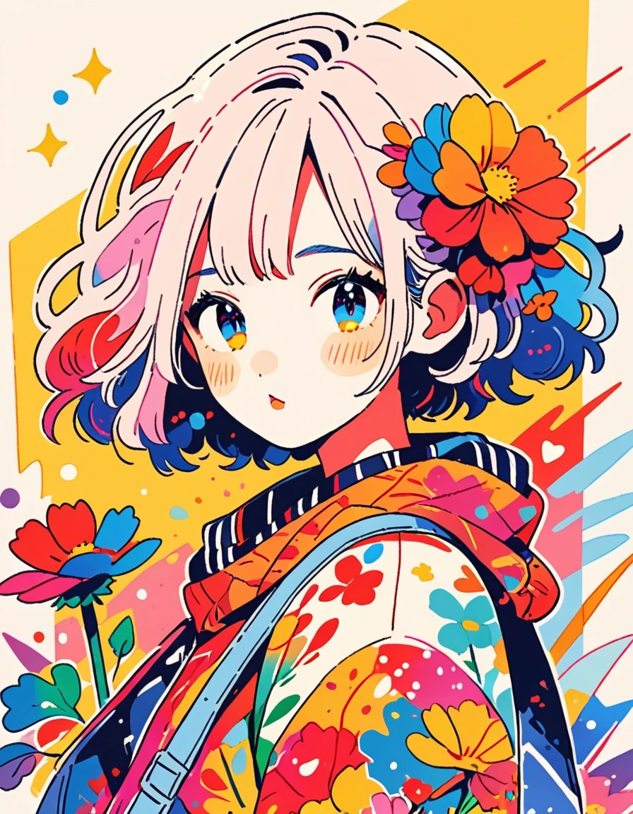 finely detailed illustration, best quality, masterpiece, vibrant color, Micho style、(((stylishなファッション))), 8K quality、Intense watercolor, detailedな水彩アート, Watercolor splash, Surreal, Avant-garde pop art, Beautiful and expressive paintings, Beautiful artwork illustration, Very colorful tones, wonderful, Cool Beauty, Highest quality、Official Art, Vector art, stylish design, (((The most beautiful girl))), cowboyshot, (((Highest quality))), High resolution, ((detailed)), (((Doodle Art)), ((masterpiece)), ((Super detailed)), (((Colorful flowers))),(((stylish)))