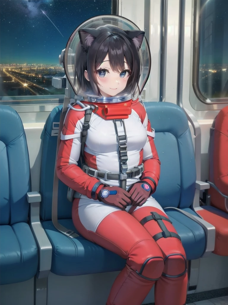 space helmet, (cinematic scene, sitting on a chair, train interior, , city view, night view: 1.5), space helmet, eva helmet, space suit, astronaut), smile bubble helmet, very detailed, speed helmet, bubble helmet, ,upper body, astronaut),eva helm, spacesuit , astronaut),girl, wearing a (spacesuit:1.15), white cargo pants, (), (CAT EARS:1.2), bubble helmet, (space helmet:1.5)],