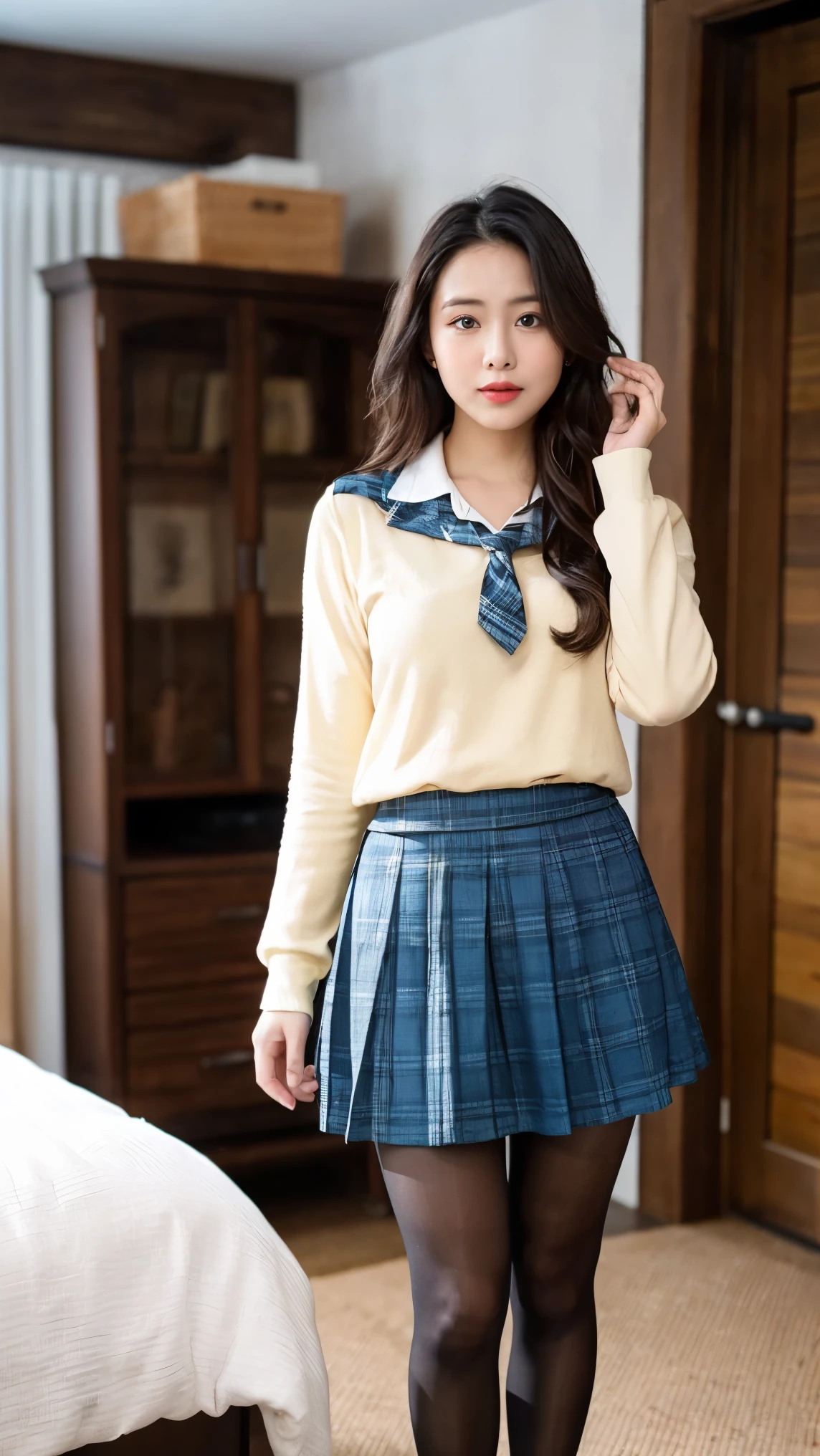 (((8k、High resolution、Highest quality、High resolution)))alone、Natural body shape、White skin、Natural Makeup、((Black Hair、bangs、Straight Long Hair))、((()))、、(:1.4)、(())、(((((Full body photo)))))、(((Looking into the camera)))、(((Wear a uniform on the upper body)))、Bedroom、(((Of high school))) 、((white collared long sleeve blouse))、((Beige cardigan))、((Pleated skirt with dark blue plaid pattern、mini skirt、Ultra-realistic pantyhose))、、、Expressionless、((Exposing thighs))