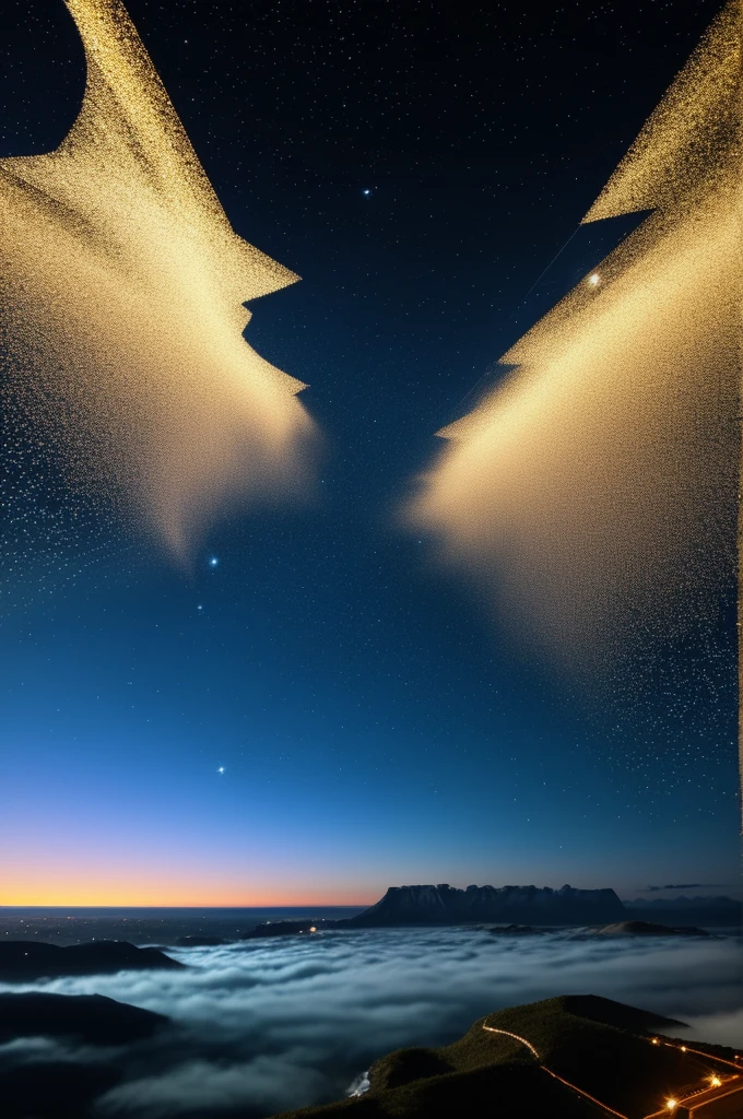 high resolution、High Precision、vivid、erfly、Night view、Sparkling sea、Wave、Big night sky、shooting star、Natural clouds、beautiful、high resolution、High delicate、glossy、Texture、reflection、Starry Sky、beautiful地平線、glossyな深い黒と青色、Overlooking the sea from the mountain、Reality、hope
