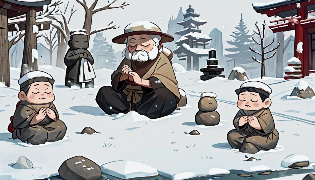 In the snow、Five stone Jizo statues wearing hats and one stone Jizo statue wearing a hand towel。Lined up along the road。Next to him is an old man praying with his hands together.。Scenery of the old Japan。
