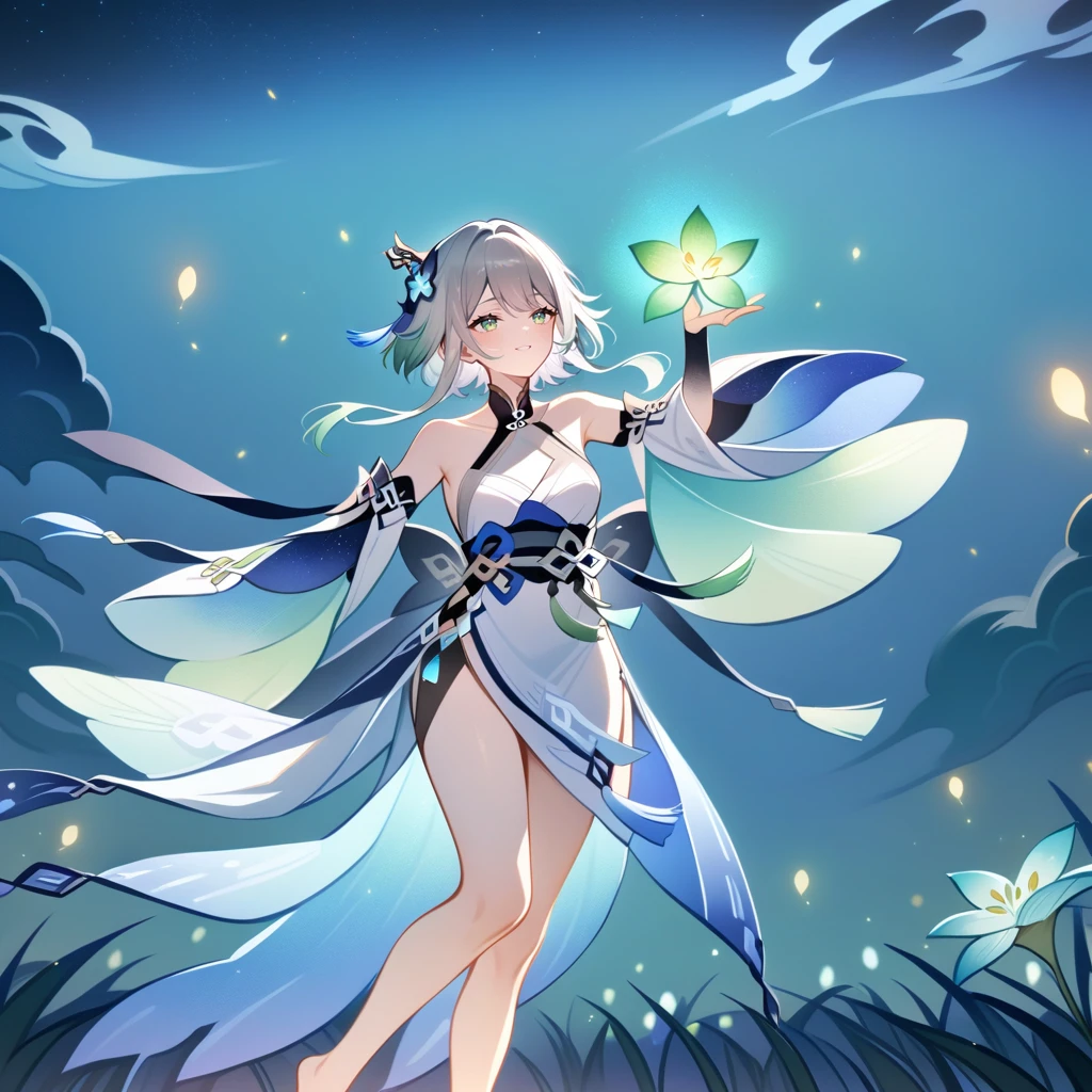1girl, guizhong_\(genshin_impact\),light grey hair,short_hair_with_long_locks,starry_sky_print,detached_sleeves, long sleeves that drape over hands past fingers,dancing,hanfu,illustrated by matsuryuu and agahari and dsmile,pale green-grey eyes,stunning field of softly glowing blue and white glaze lilies,night scene,gentle smile,moonlight,glossy lips,soft anime coloring,cel shading,smooth, soft dreamy focus,anklet,halter_top,white clothes,highly detailed,digital painting,field of flowers,bare_shoulders,mihoyo,barefoot,cool night tones, magical night scene,masterpiece, best quality, film, bokeh, multicolored light particles,professional, 4k, highly detailed,fireflies,Guardian nebula of rainbow light and silvery vapor,ai-generated,goddess of stardust,realistic:.25