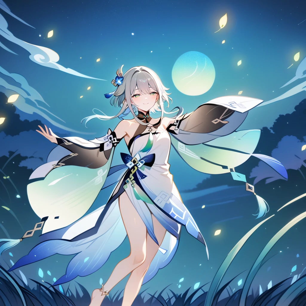 1girl, guizhong_\(genshin_impact\),light grey hair,short_hair_with_long_locks,starry_sky_print,detached_sleeves, long sleeves that drape over hands past fingers,dancing,hanfu,illustrated by matsuryuu and agahari and dsmile,pale green-grey eyes,stunning field of softly glowing blue and white glaze lilies,night scene,gentle smile,moonlight,glossy lips,soft anime coloring,cel shading,smooth, soft dreamy focus,anklet,halter_top,white clothes,highly detailed,digital painting,field of flowers,bare_shoulders,mihoyo,barefoot,cool night tones, magical night scene,masterpiece, best quality, film, bokeh, multicolored light particles,professional, 4k, highly detailed,fireflies,Guardian nebula of rainbow light and silvery vapor,ai-generated,goddess of stardust,realistic:.25