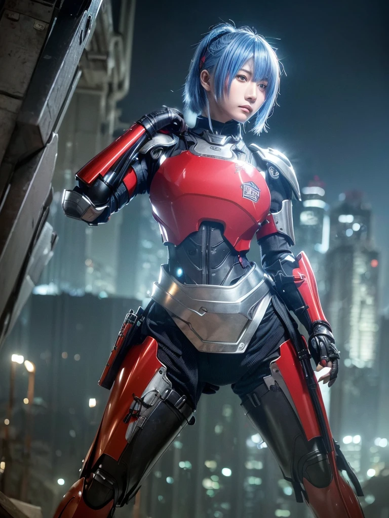 (top-quality:1.2, masterpiece), ultra high resolution, (Photorealsitic:1.4),, (bird-type mechanical heavy armor), (mechanical armor:1.3), light red base with silver and bronze accent, 1 Japanese female soldier, extremely realistic face, (blue hair), ((ultimately intricate all details)), (whole body picture), realistic shadow, octan render, 8K, ultrasharp, character edge light, Details of complex ornaments, Hydraulic cylinder, power cable, dystopia with a beautiful view at night,