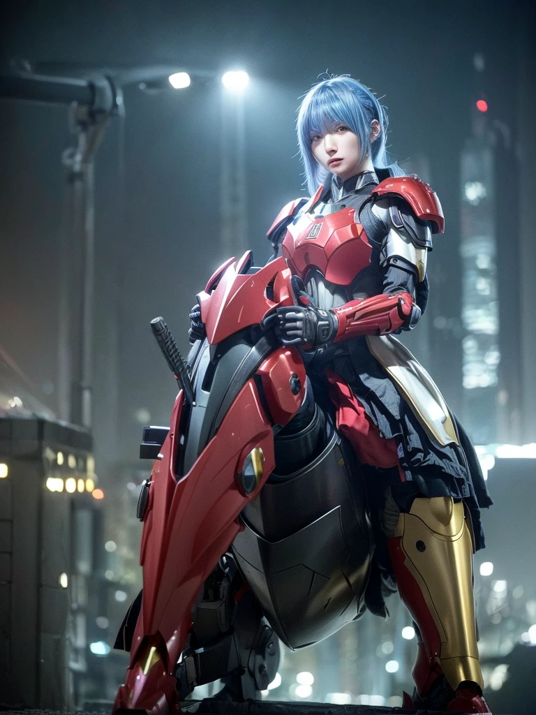 (top-quality:1.2, masterpiece), ultra high resolution, (Photorealsitic:1.4),, (bird-type mechanical heavy armor), (mechanical armor:1.3), light red base with silver and bronze accent, 1 Japanese female soldier, extremely realistic face, (blue hair), ((ultimately intricate all details)), (whole body picture), realistic shadow, octan render, 8K, ultrasharp, character edge light, Details of complex ornaments, Hydraulic cylinder, power cable, dystopia with a beautiful view at night,