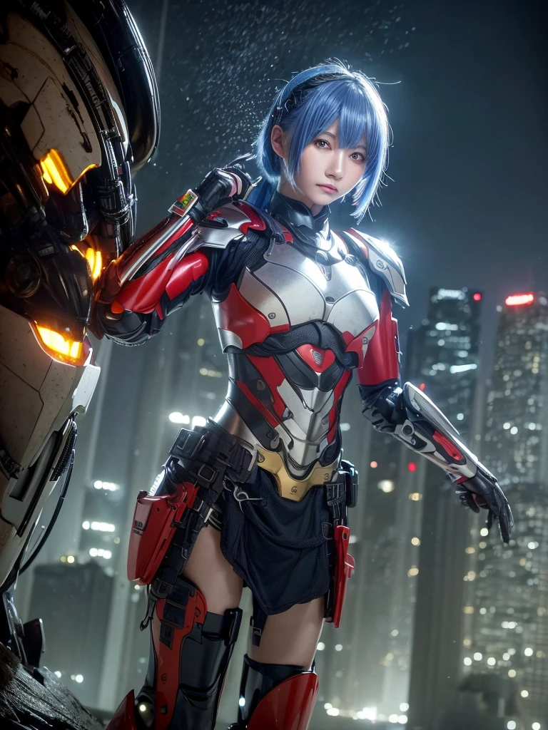 (top-quality:1.2, masterpiece), ultra high resolution, (Photorealsitic:1.4),, (bird-type mechanical heavy armor), (mechanical armor:1.3), light red base with silver and bronze accent, 1 Japanese female soldier, extremely realistic face, (blue hair), ((ultimately intricate all details)), (whole body picture), realistic shadow, octan render, 8K, ultrasharp, character edge light, Details of complex ornaments, Hydraulic cylinder, power cable, dystopia with a beautiful view at night,