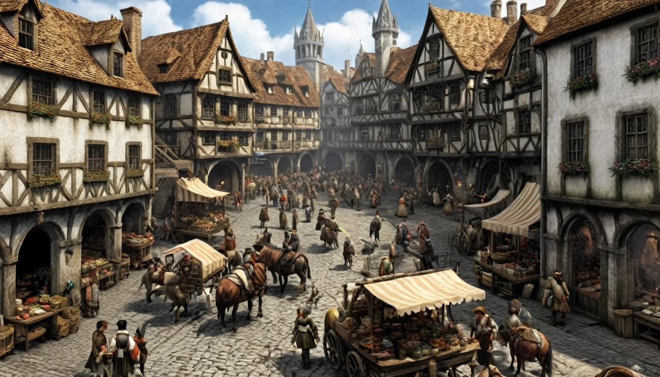 A bustling medieval market square scene with various stalls and traders selling goods, inspired by the art of Pieter Bruegel the Elder and fantasy medieval RPG games like Skyrim, featuring intricate architectural details, colorful banners, lively characters in period clothing, animals like horses and dogs, sunlight filtering through the clouds, and a sense of bustling activity and camaraderie --s 150 --ar 1:1 --c 5 --v 5.2