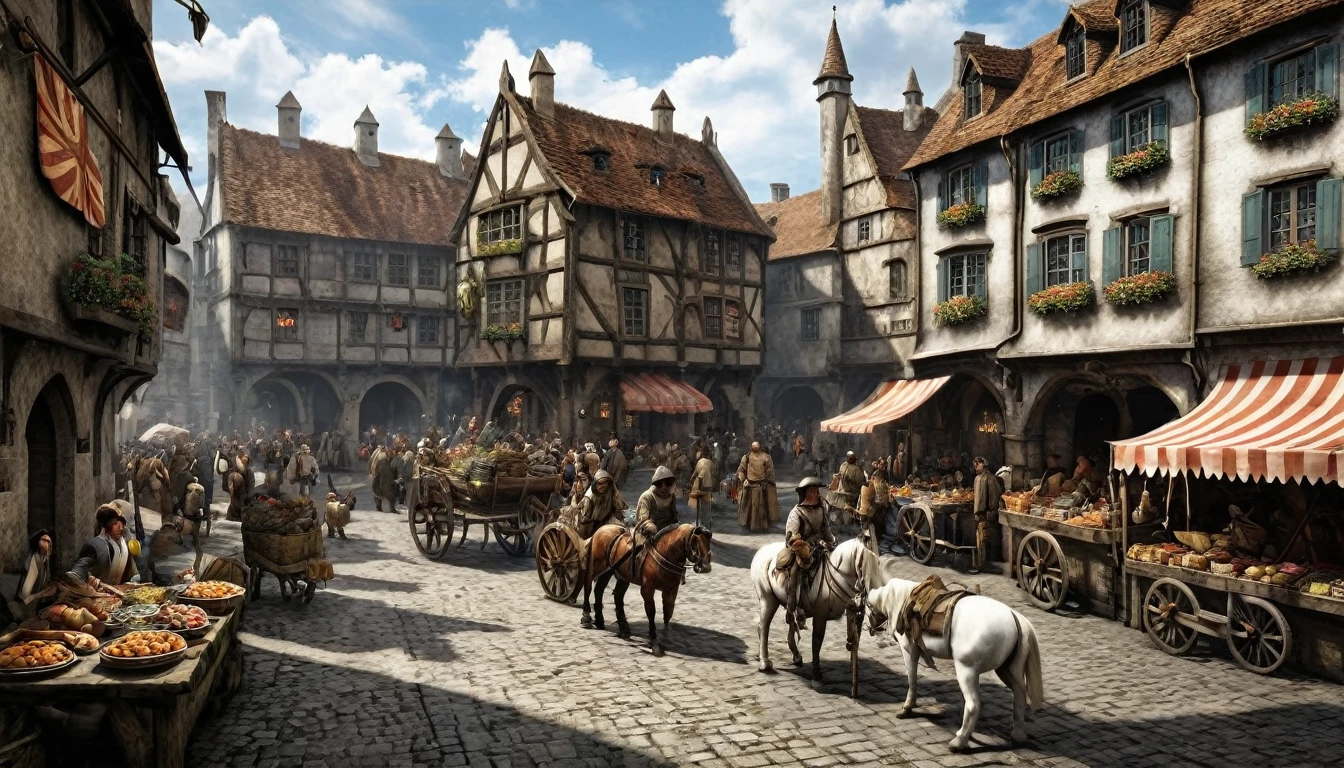 A bustling medieval market square scene with various stalls and traders selling goods, inspired by the art of Pieter Bruegel the Elder and fantasy medieval RPG games like Skyrim, featuring intricate architectural details, colorful banners, lively characters in period clothing, animals like horses and dogs, sunlight filtering through the clouds, and a sense of bustling activity and camaraderie --s 150 --ar 1:1 --c 5 --v 5.2