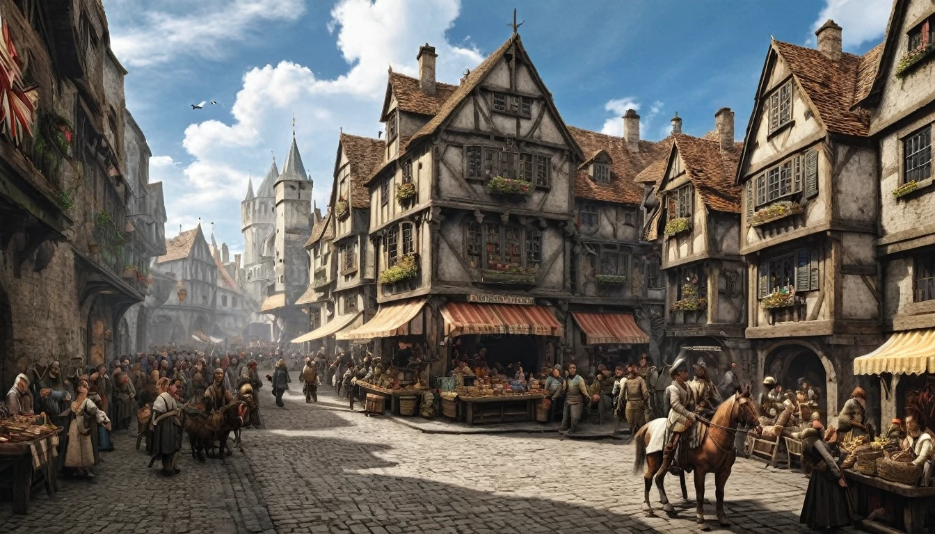 A bustling medieval market square scene with various stalls and traders selling goods, inspired by the art of Pieter Bruegel the Elder and fantasy medieval RPG games like Skyrim, featuring intricate architectural details, colorful banners, lively characters in period clothing, animals like horses and dogs, sunlight filtering through the clouds, and a sense of bustling activity and camaraderie --s 150 --ar 1:1 --c 5 --v 5.2
