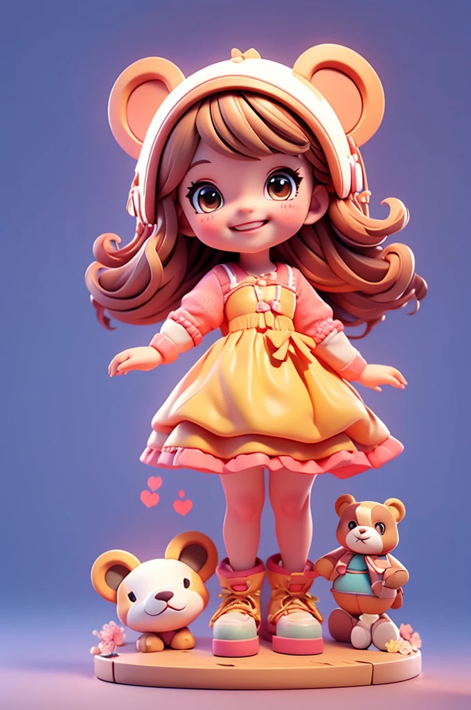 A cartoon little girl，Disney Princess Dress Up，energetic and cute，Holding a bear-shaped doll in his hand，Smile at the camera，3D Rendering，OC Rendering，C4D