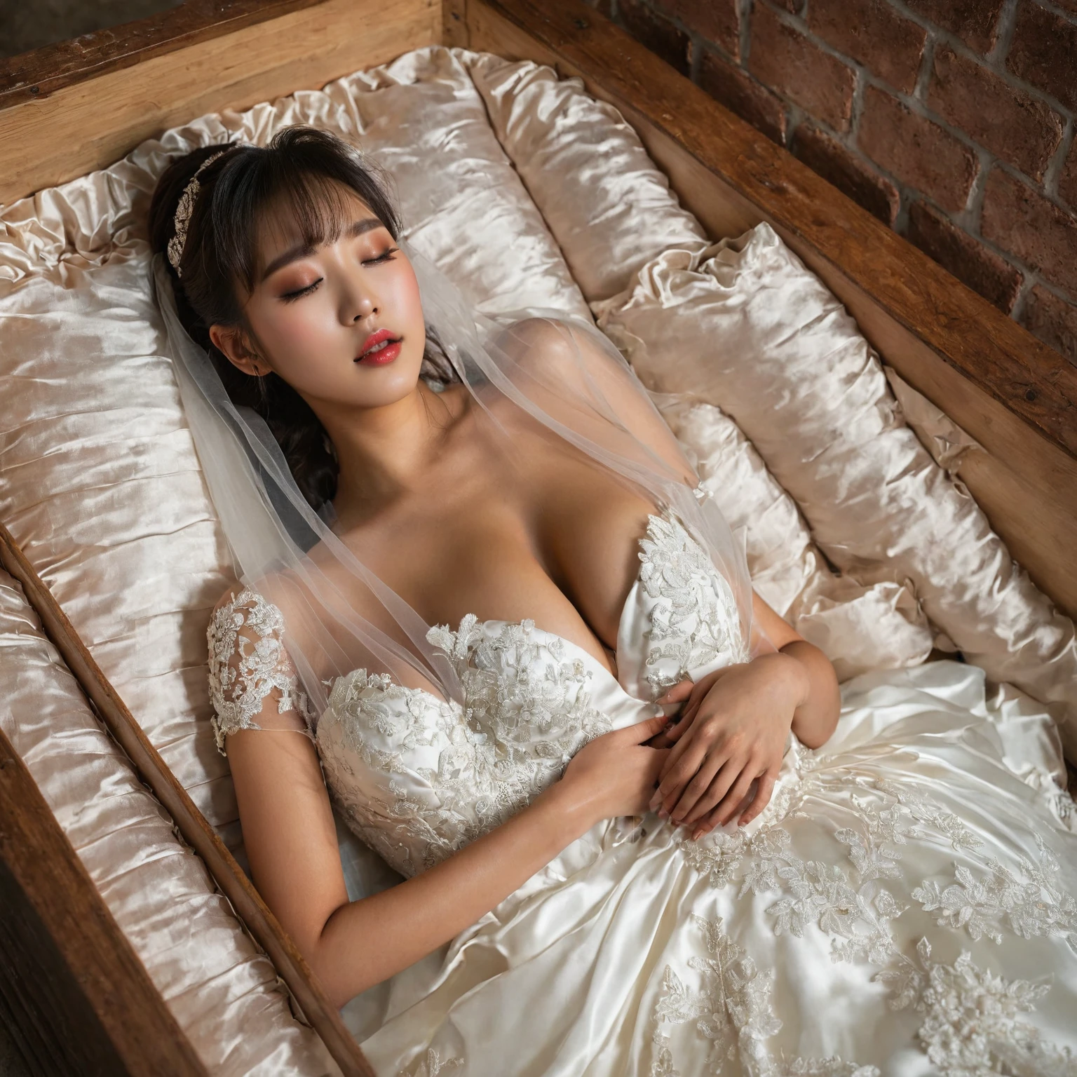 A provocative and sensual image unfolds before us. Two Korean girls, 22 years old, lie asleep in a deep, black coffin surrounded by plush pillows. They wear see-through wedding dresses with lace details, off-shoulder designs, sleeve, and huge skirts that cascade around their bodies. The dresses are cut low to showcase their beautiful breasts, fixed with a subtle cleavage cutout. Their faces are flawless, with perfect eyebrows, eyelashes, and skin tone. One girl's hair is styled in a ponytail with bangs framing her face, while the other has a bun adorned with wisps of hair framing her closed eyes. The overall atmosphere is one of intimacy and sensuality, with saturated colors enhancing the mood. Note the visible breasts and perfectly manicured hands that peek out from beneath the skirts, which are strategically covered to conceal their legs, ba11g0wn 