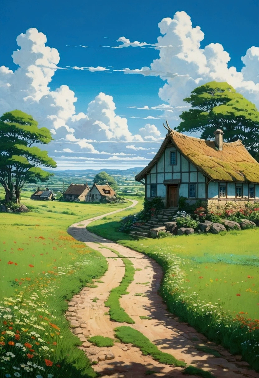 Quiet countryside centre、A breathtaking oil painting is born。The setting is Studio Ghibli、A masterful production by Hayao Miyazaki。Realistic depiction of vast grasslands under a clear blue sky、beautifully、that's a beautifully drawn piece。 Dancing in the wind々Petals、covering the ground、Adding vibrant color to tranquil landscapes。Like a winding country road through the grasslands、Guide your audience'Gazing into the distance。There are some interesting buildings along the way..、Details and Construction、