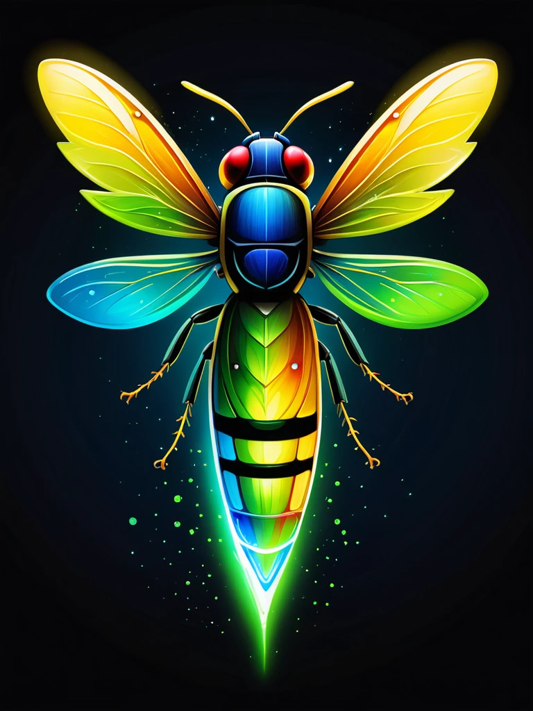 Create a vibrant, color painting-style logo featuring a firefly. The firefly should have a sleek and modern design with its rear portion glowing in super vibrant neon colors like green, blue, and yellow. The painting should have fluid, artistic brushstrokes that give a sense of motion and light. The background should be dark to highlight the glowing rear portion of the firefly. Use a mix of bright and contrasting colors to create an eye-catching and dynamic effect. each segment on tail have each colors