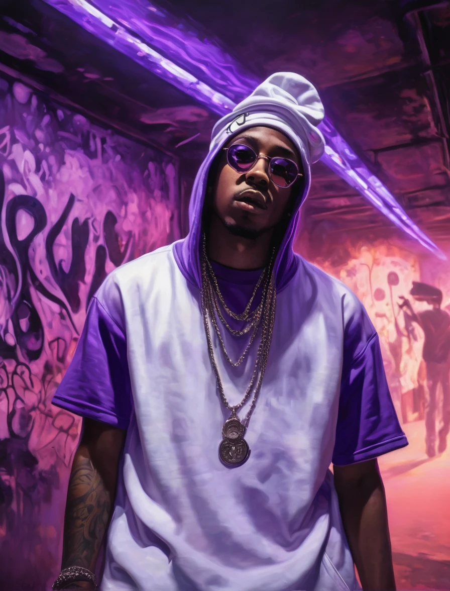 In the painting, the underground scene comes to life, showcasing a rapper as the focal point. The nt colors are purple and white, creating a striking contrast against the dimly lit background. The glow from the lights casts dramatic shadows, adding depth and intensity to the atmosphere. The rapper's presence is commanding, with the purple hues symbolizing creativity and mystery, while the white represents purity and truth. The overall composition captures the raw energy and vibrant spirit of the underground music culture.
