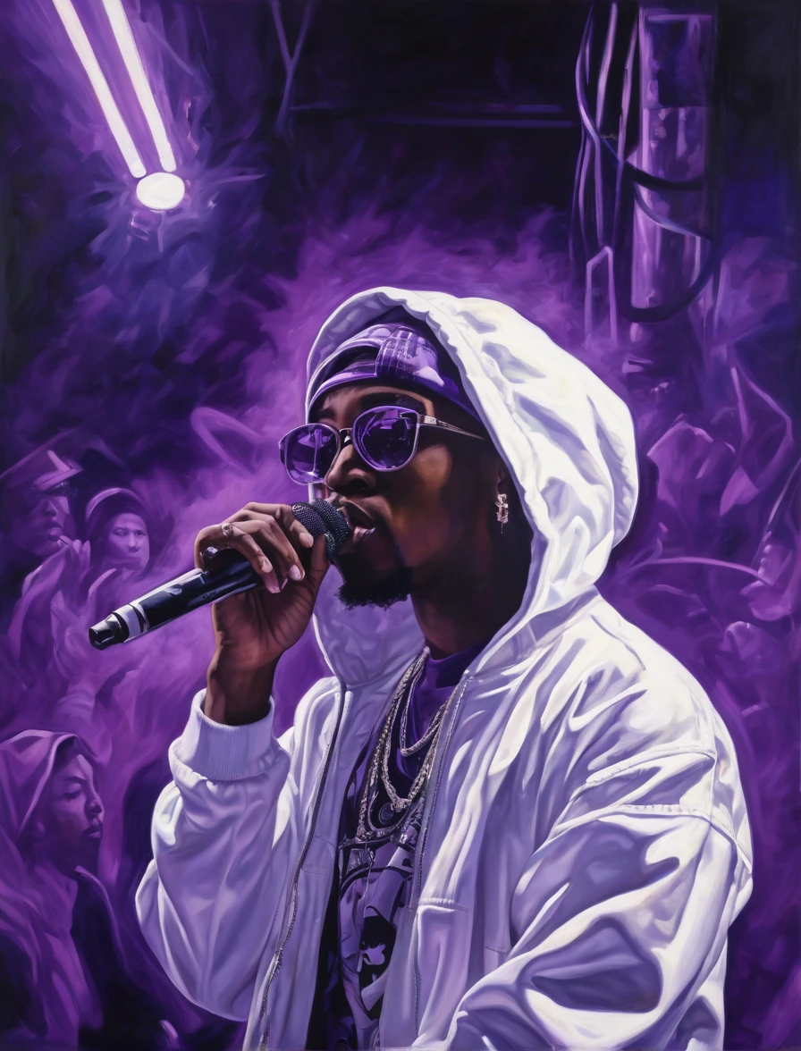 In the painting, the underground scene comes to life, showcasing a rapper as the focal point. The dominant colors are purple and white, creating a striking contrast against the dimly lit background. The glow from the lights casts dramatic shadows, adding depth and intensity to the atmosphere. The rapper's presence is commanding, with the purple hues symbolizing creativity and mystery, while the white represents purity and truth. The overall composition captures the raw energy and vibrant spirit of the underground music culture.