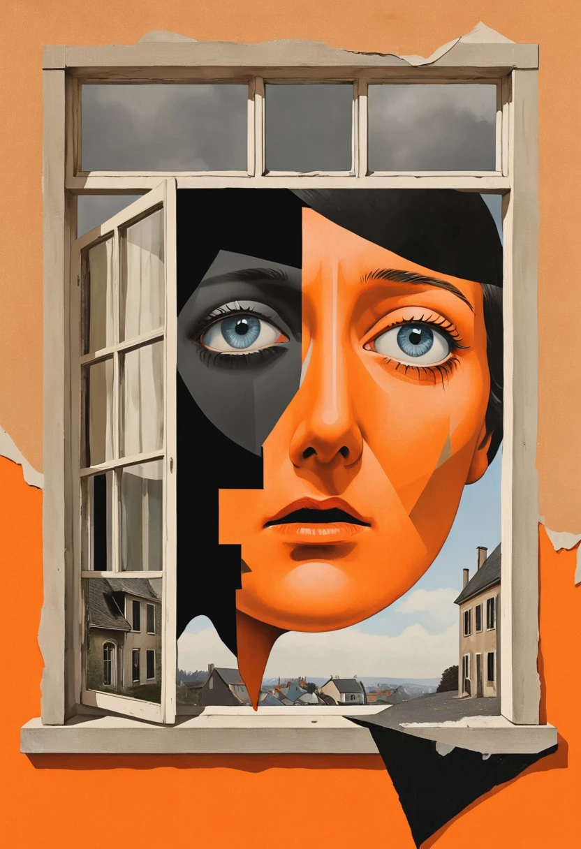 René Magritte，Surreal and strange dislocation art：Collage画，There are many different things on the face，house，window，Geometric Dislocation，Collage,Hollow，Artistic sense，Painting，paint，Simple，Black and Orange