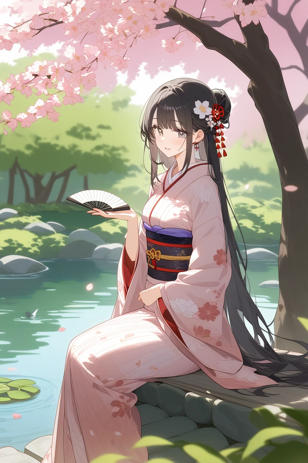 A Japanese woman wearing traditional kimono,Sit by a pond in a tranquil Japanese garden,In the background are cherry trees and weeping willows under the eaves。She holds a folding fan,A gentle breeze brushed her long hair,With a face of tranquility and elegance。
