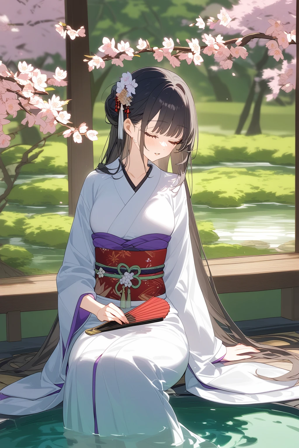 A Japanese woman wearing traditional kimono,Sit by a pond in a tranquil Japanese garden,In the background are cherry trees and weeping willows under the eaves。She holds a folding fan,A gentle breeze brushed her long hair,With a face of tranquility and elegance。