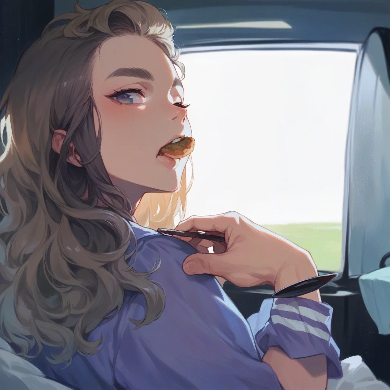 Girl eating spagetti and have spagettis in her hands and mouth