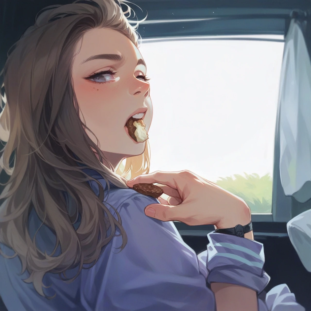 Girl eating spagetti and have spagettis in her hands and mouth