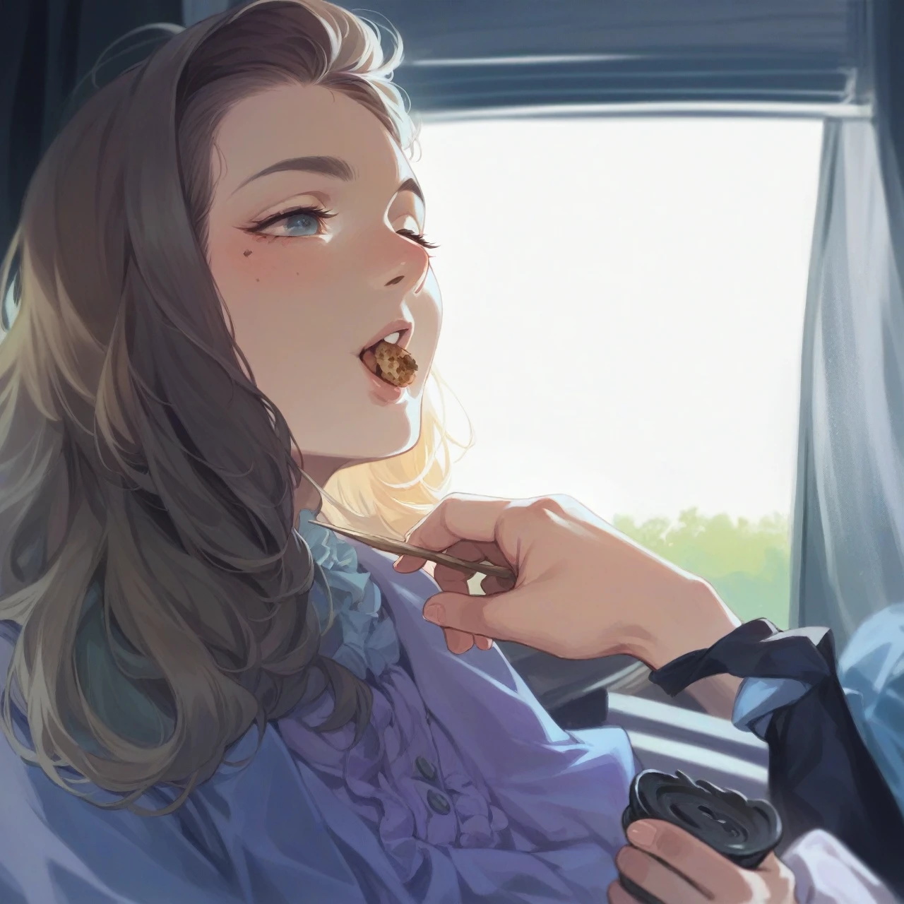 Girl eating spagetti and have spagettis in her hands and mouth
