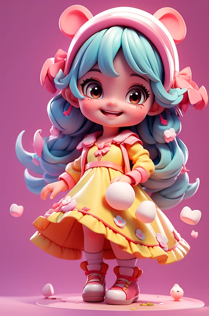 A cartoon  girl，Disney Princess Dress Up，energetic and cute，Marshmallow in hand，Smile at the camera，3D Rendering，OC Rendering，C4D