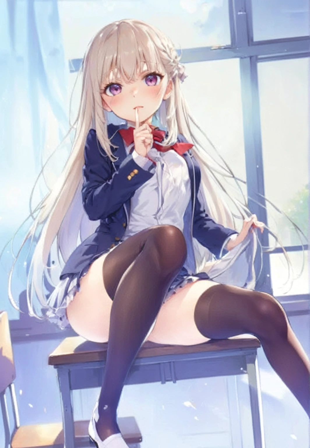 Anime girl standing front chair, a hyper realistic high school girl, front view, full body shot beautiful anime high school girl, realistic high school girl, seductive anime girl, anime Barbie in white stockings, anime visual of cute girl, light novel cover, naughty anime style, posing　