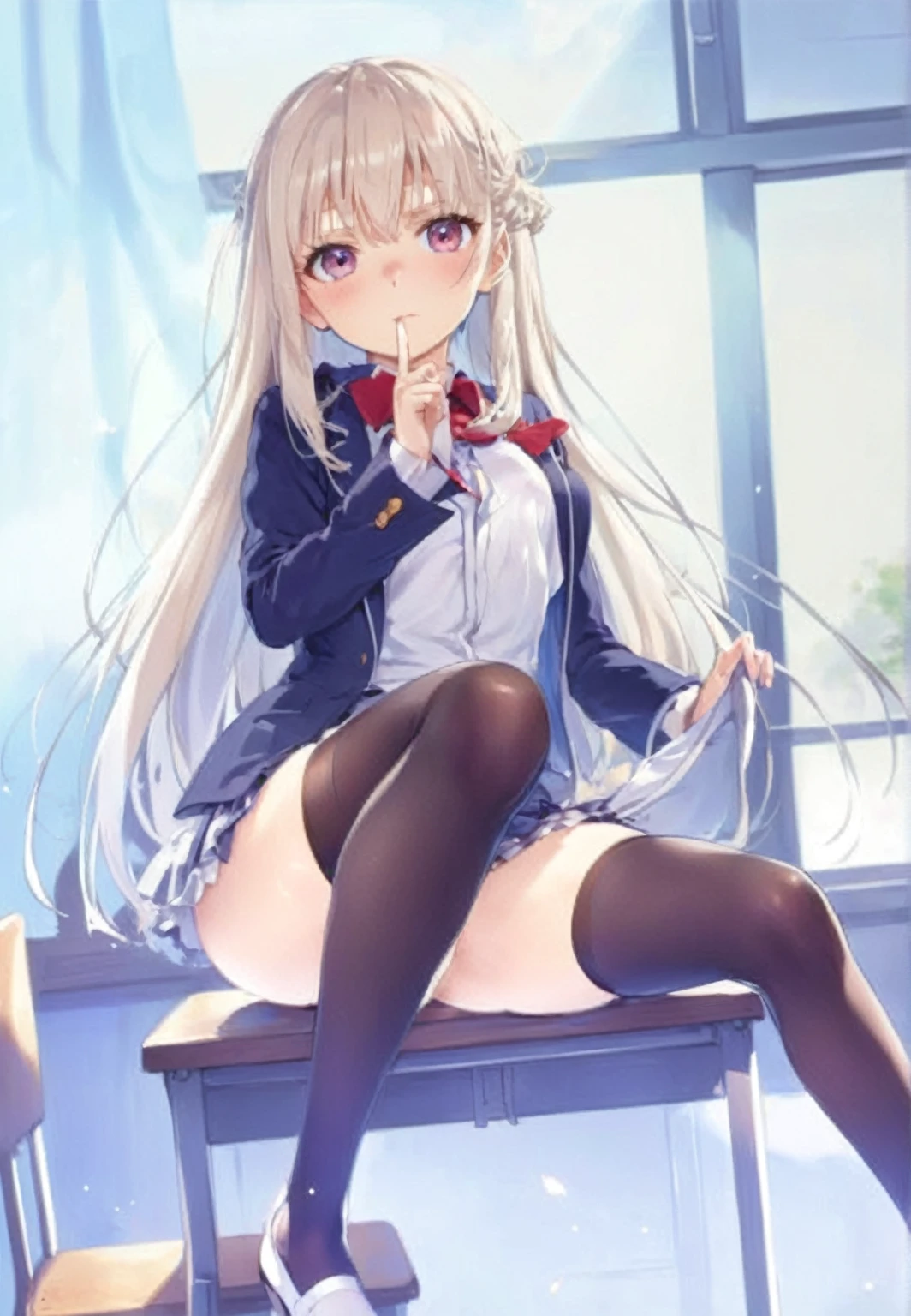 Anime girl standing front chair, a hyper realistic high school girl, front view, full body shot beautiful anime high school girl, realistic high school girl, seductive anime girl, anime Barbie in white stockings, anime visual of cute girl, light novel cover, naughty anime style, posing　