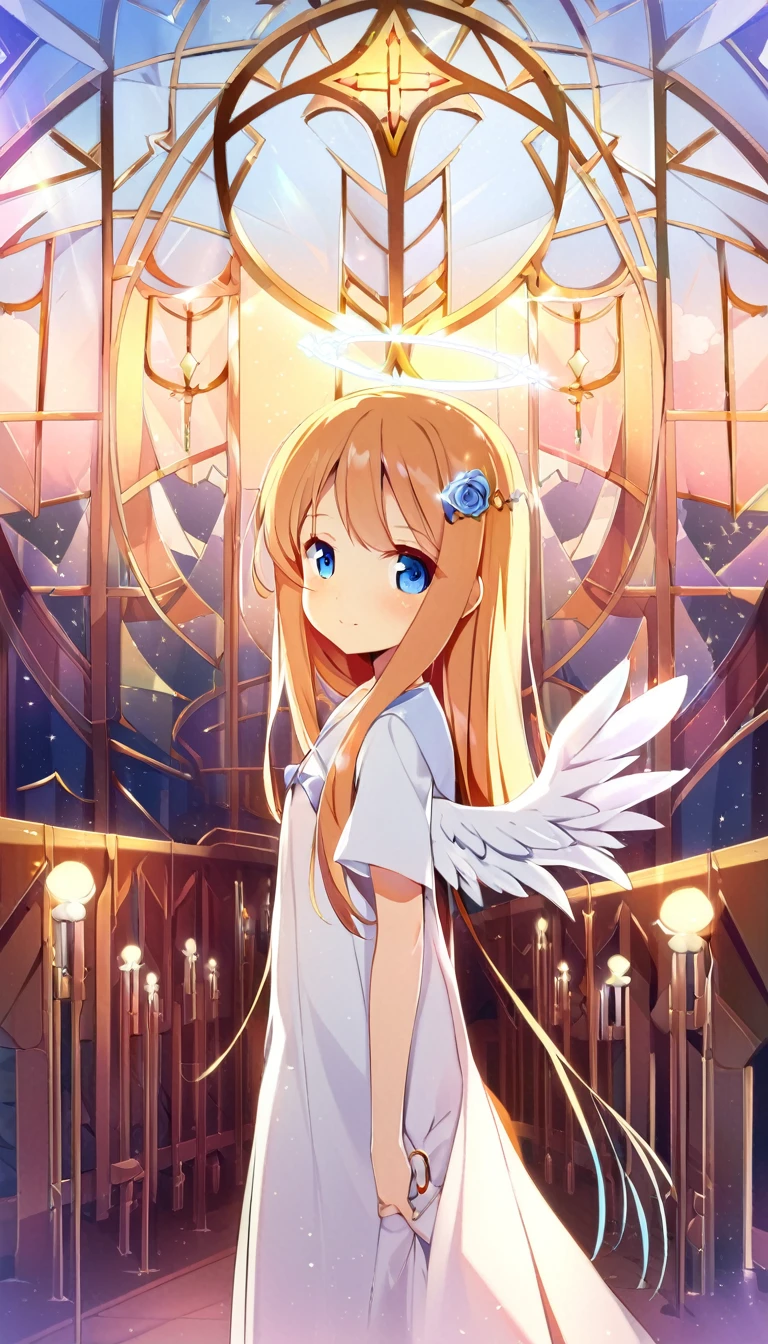 one girl, angel, angel wing, angel ring, sacred, cute, naive, pure white angel, , beautiful, light blue eyes