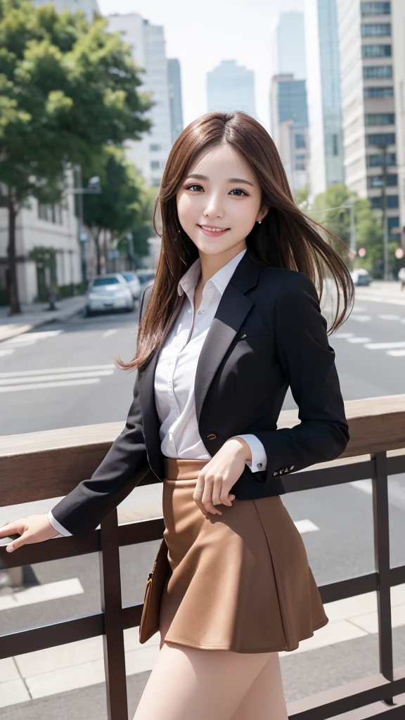 Highest quality、Genuine、Very detailed、finely、High resolution、8k wallpaper、One beautiful woman、light brown disheveled hair、Wear a business suit、Sharp focus、Perfect dynamic composition、Beautiful and detailed、Thin Hair、smile、Model body type、mini skirt、Beautiful legs