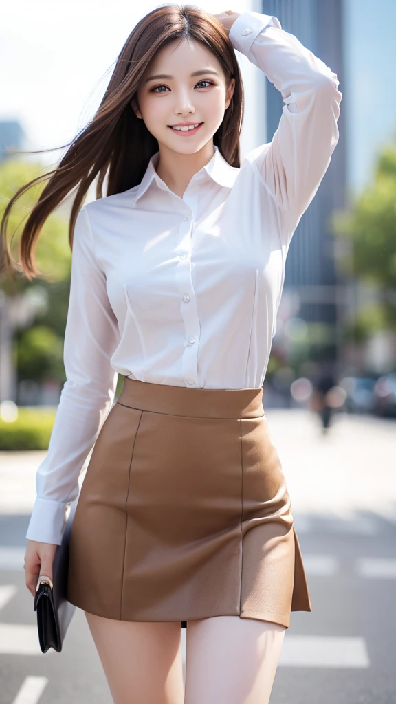 Highest quality、Genuine、Very detailed、finely、High resolution、8k wallpaper、One beautiful woman、light brown disheveled hair、Wear a business suit、Sharp focus、Perfect dynamic composition、Beautiful and detailed、Thin Hair、smile、Model body type、mini skirt、Beautiful legs