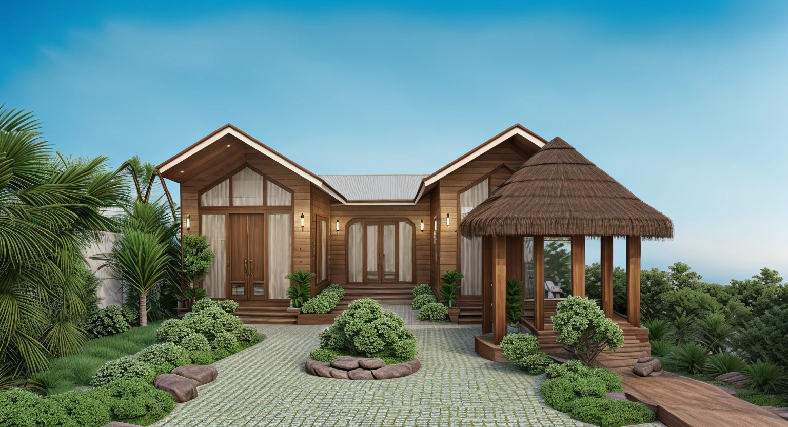 Realistic images, extremely detailed, a modern house,(((1 road in font of house))), large yard made by ceramic, (1 car), brick fence, lawn, a few small flowers, a road in front of the house, main materials of the house are white walls and red brick, Modern design, clear blue sky, sunrise light, light from inside, dynamic light,shimering light, cinematic light, romantic feeling, (((day light, warm light))), door panel made fromt rattan panel