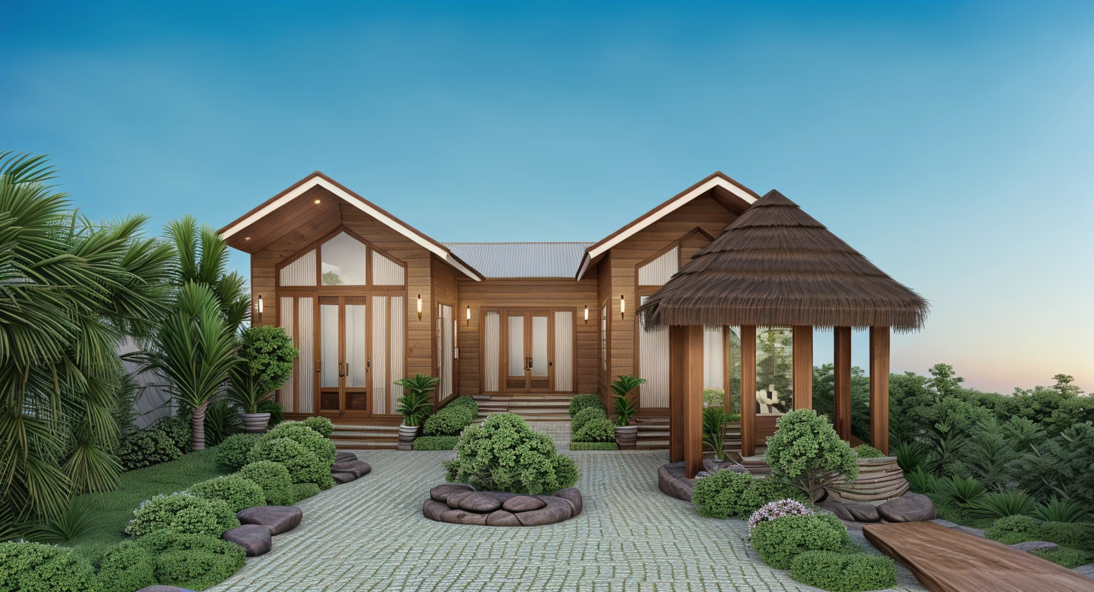 Realistic images, extremely detailed, a modern house,(((1 road in font of house))), large yard made by ceramic, (1 car), brick fence, lawn, a few small flowers, a road in front of the house, main materials of the house are white walls and red brick, Modern design, clear blue sky, sunrise light, light from inside, dynamic light,shimering light, cinematic light, romantic feeling, (((day light, warm light))), door panel made fromt rattan panel