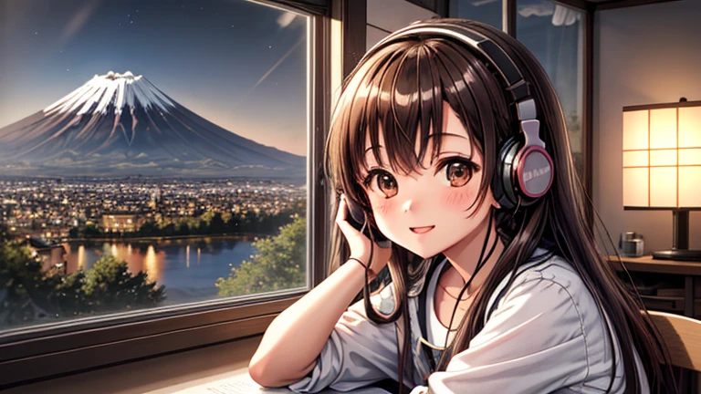 Lo-Fi Research, girl, write, ~ ~ side, 日本人のgirl, Brown Hair, Medium Long Hair, Headphones, Summer clothes, window, mount fuji background, summer night