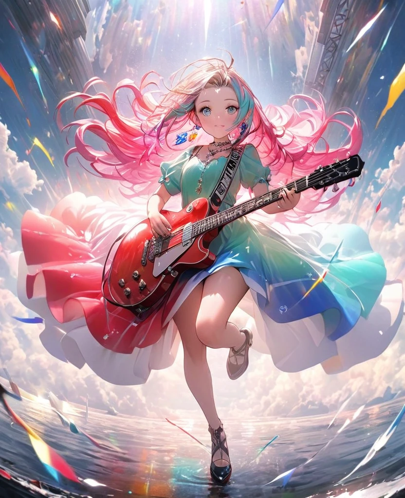 8K,beautiful girl,an extremely delicate and beautiful,Beautiful and realistic skin,Shiny jewel-like earrings,Shining brightly colorful hair,beautiful eyes,full body, musician,Electric guitar