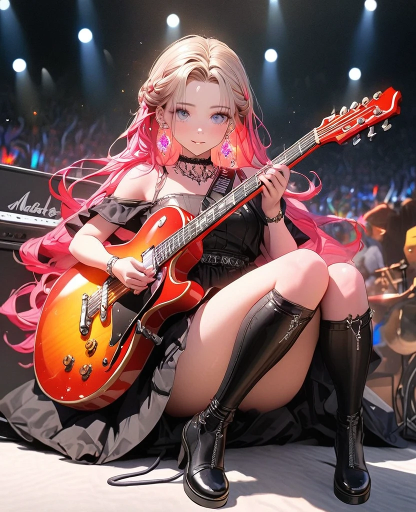 8K,beautiful girl,an extremely delicate and beautiful,Beautiful and realistic skin,Shiny jewel-like earrings,Shining brightly colorful hair,beautiful eyes,full body, musician,Electric guitar