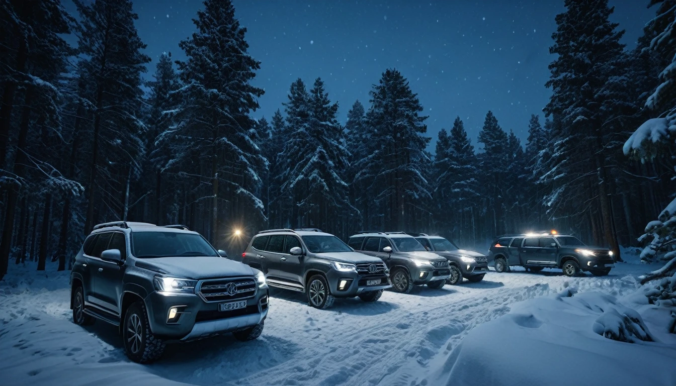 Cinematic visual of a snow covered forest with tall pine trees, 6 suv vehicles parked in the forest, night , realistic night lighting and atmosphere, highly detailed, cinematic, award winning photography, 8k, photorealistic, detailed textures, dramatic lighting, moody tones, realistic snow and ice, headlights illuminating the scene
