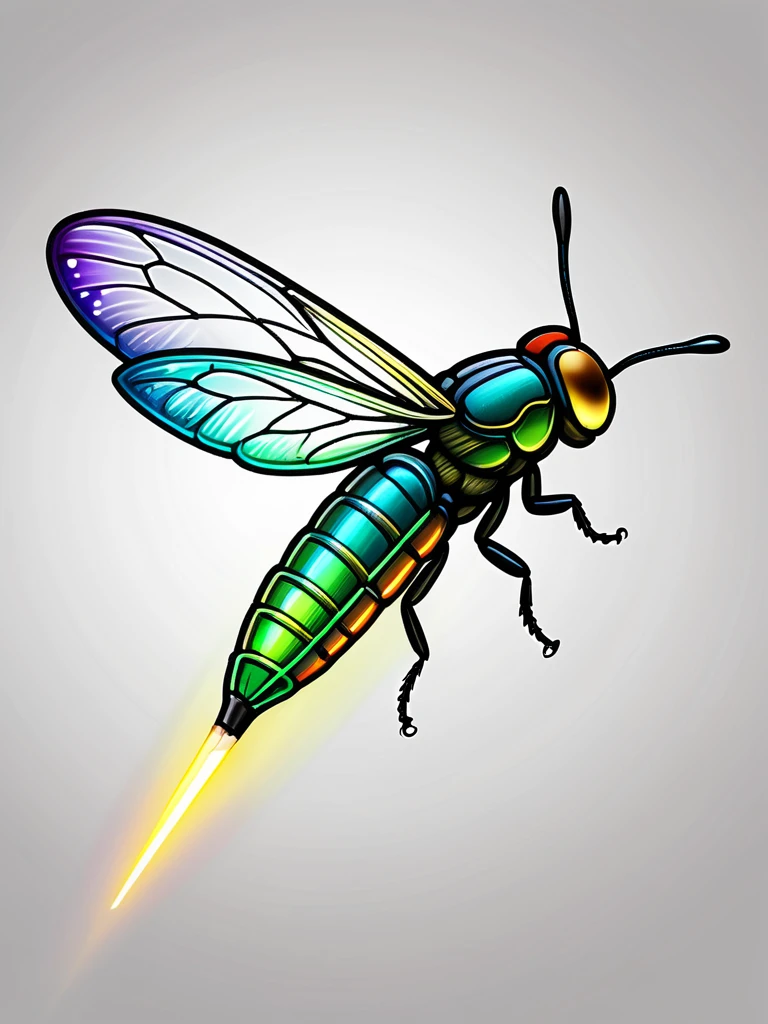 Create a pencil sketch-style logo of a firefly in vibrant colors, depicted in a side view. The sketch should be detailed and realistic, capturing the glow and intricate details of the firefly's wings and body. Use vibrant neon colors like green, blue, and yellow for the glow effect. Ensure the image is in high-definition (HD) to showcase the fine details and artistic shading of the pencil sketch.