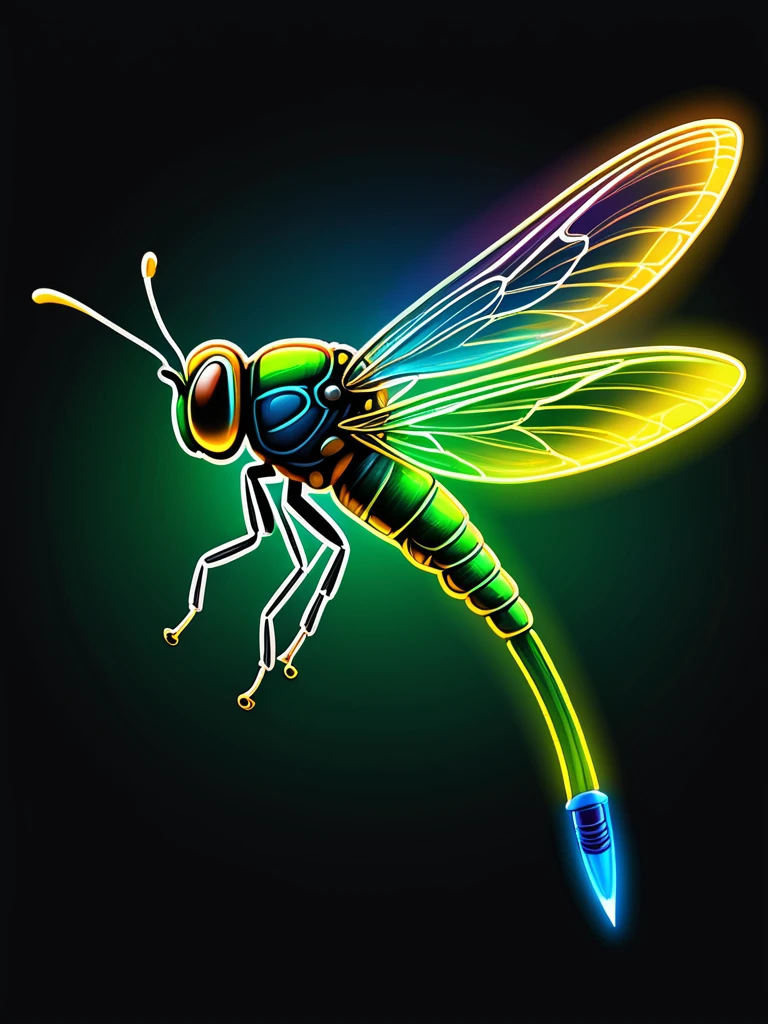 Create a pencil sketch-style logo of a firefly in vibrant colors, depicted in a side view. The sketch should be detailed and realistic, capturing the glow and intricate details of the firefly's wings and body. Use vibrant neon colors like green, blue, and yellow for the glow effect. Ensure the image is in high-definition (HD) to showcase the fine details and artistic shading of the pencil sketch.
