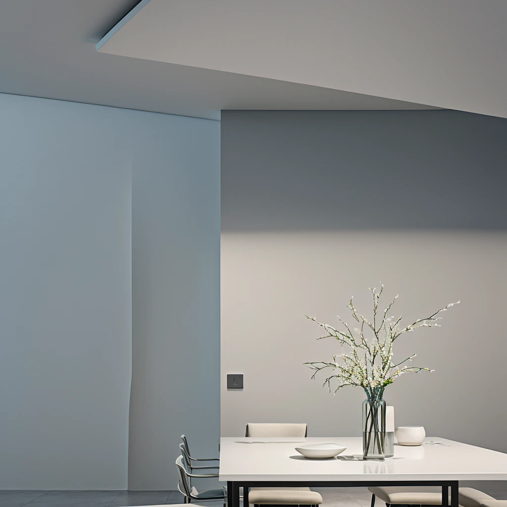 On the table was a vase，Flowers and chairs, Stylish design, Clarity、Smooth、Clean lines, Elegant and simple, sleek streamlined design, simple design, Realistic lighting, Detailed architectural visualization renderings, Brightly lit atmosphere, Simple and beautiful, simple design, Artistic Interpretation, Dramatic diffuse lighting, Minimal modern, Hyper-realistic rendering